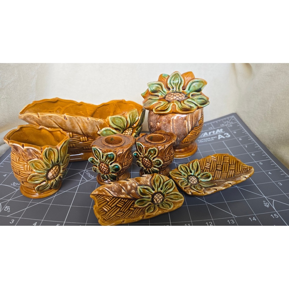 Vintage Majolica Sunflower Ceramic Set Planter Jar Candle Holders 7 Piece Brown